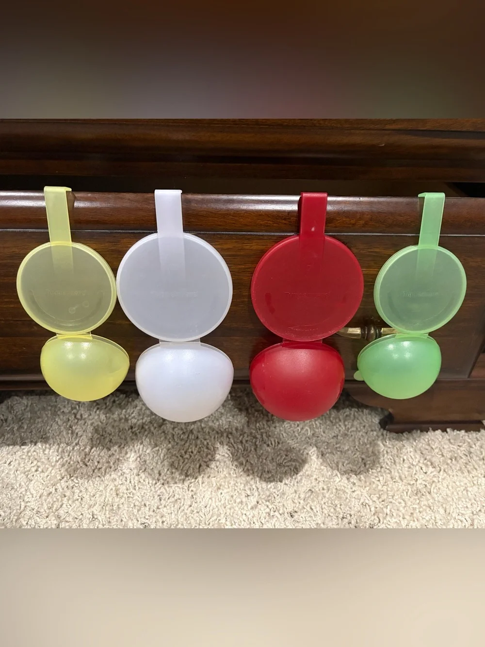 Tupperware vintage hanging storage set 4- Red, Green, Clear, Yellow